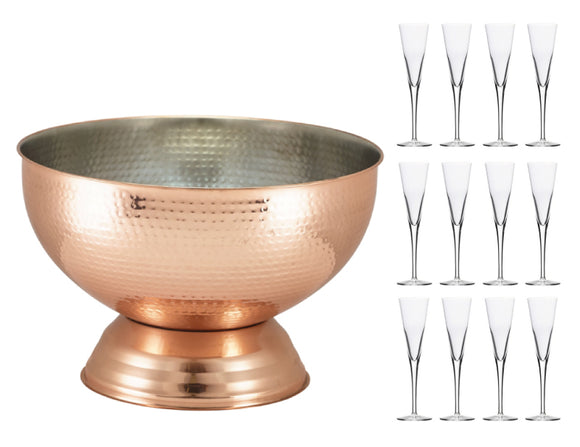 Soiree Hammered Copper Champagne Bowl & 12 Trumpet Flutes
