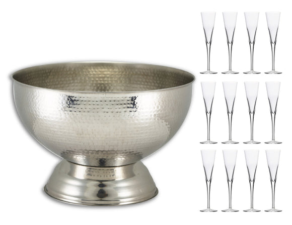 Soiree Hammered Stainless Steel Champagne Bowl & 12 Trumpet Flutes